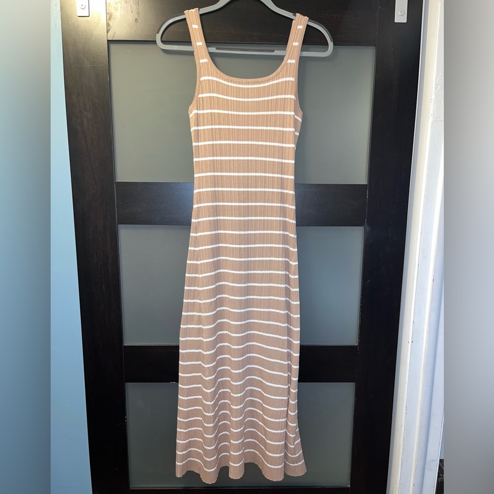 Striped Sleeveless Knit Maxi Dress in Camel and White
